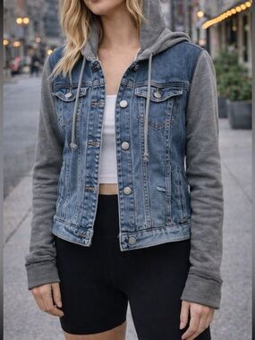 Hollister Denim Jacket Hoodie Combo XS Blue Jean Jacket Gray Hooded